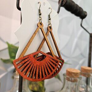 Red and Natural Wood, Lightweight, Oversized Dangle Earrings Fan Shaped
